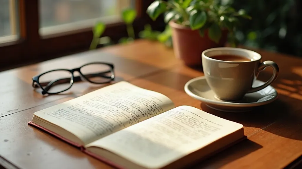 An open notebook, reading glasses and a cup of tea on a wooden desk