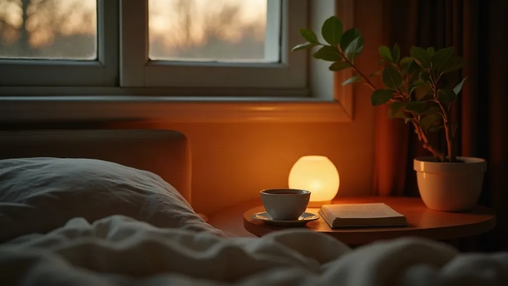 A calm bedside table with a book, tea and a warm lamp at dusk, phone face-down