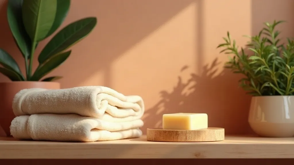 A clean bathroom shelf with natural soap, a folded towel and a green plant