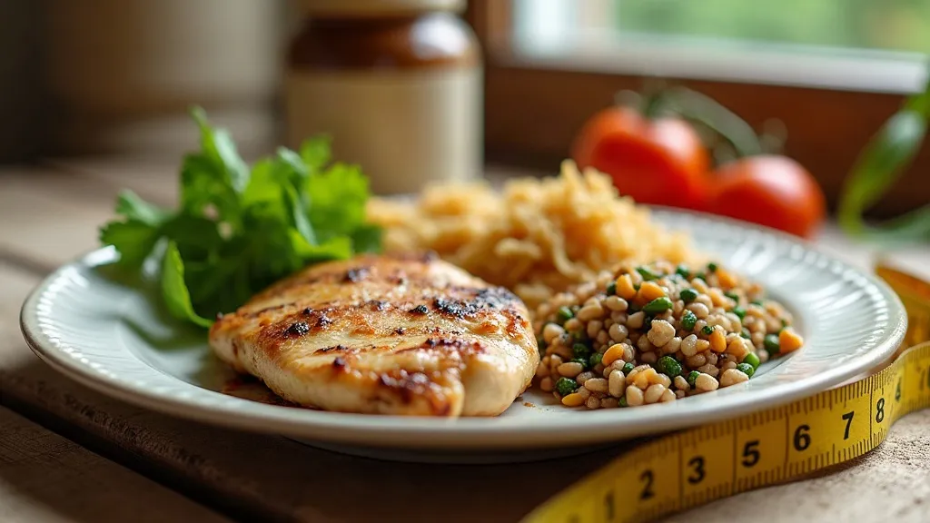 A balanced healthy lunch plate with vegetables and lean protein