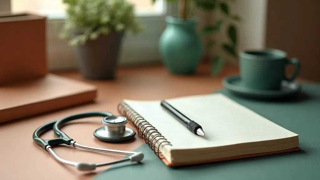 A stethoscope, notebook and pen on a warm-toned desk