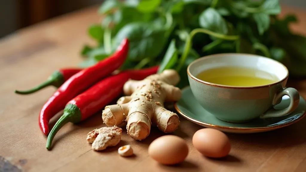 Chili peppers, ginger, green tea, spinach, eggs and nuts on a wooden surface