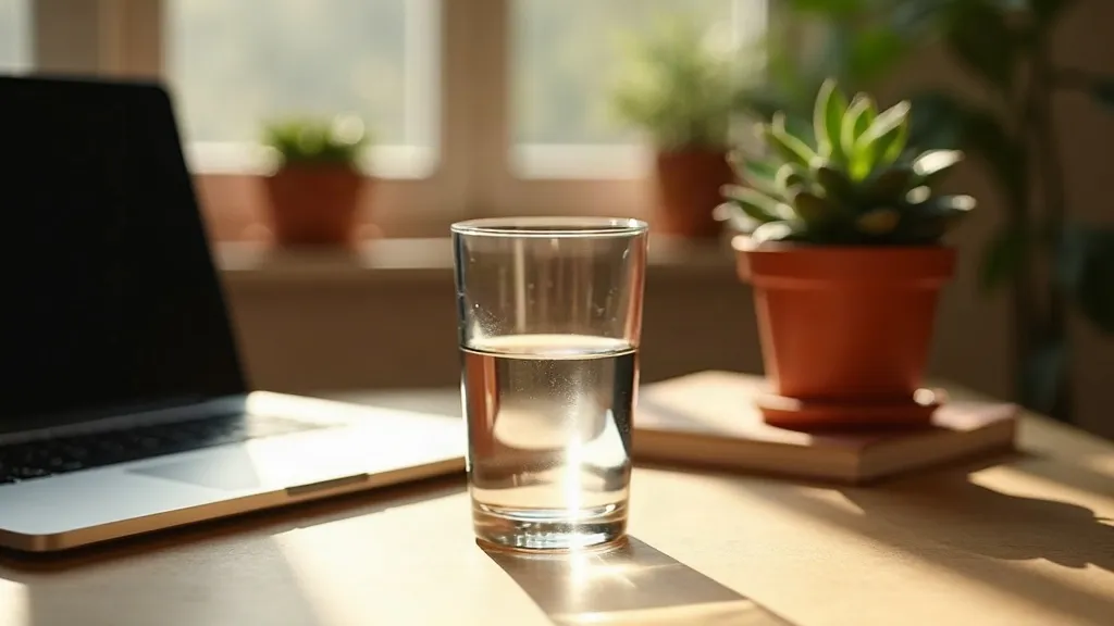 A half-empty glass of water on a desk in soft light