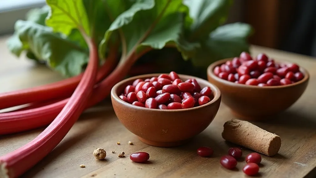 Rhubarb, kidney beans, nutmeg and elderberries on a wooden table