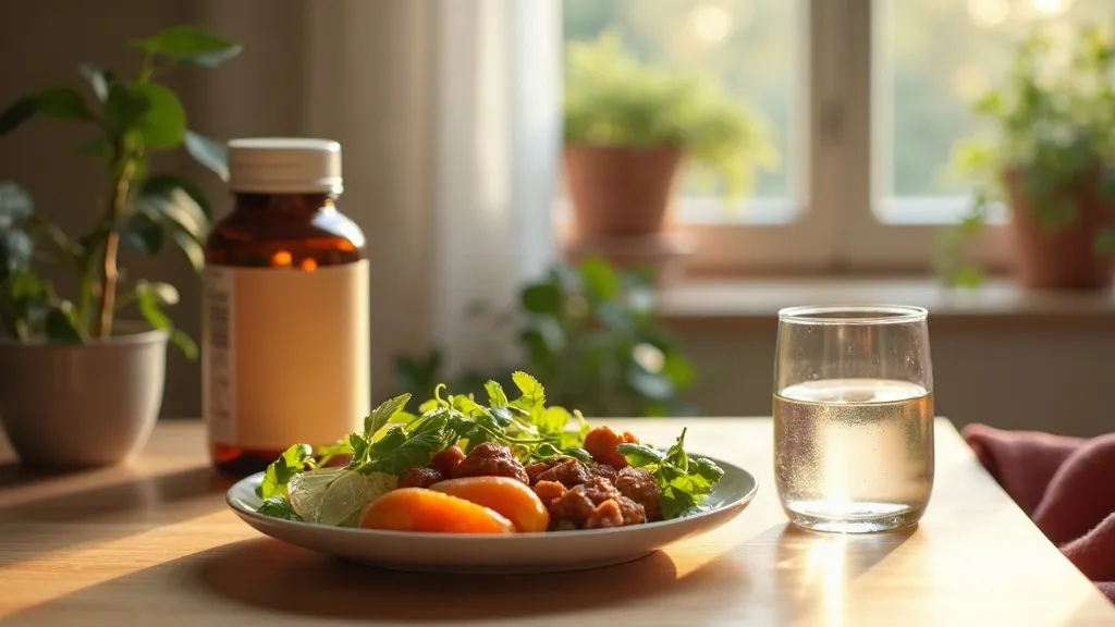 A plate of carefully prepared cooked vegetables, water and prenatal vitamins on a bright table