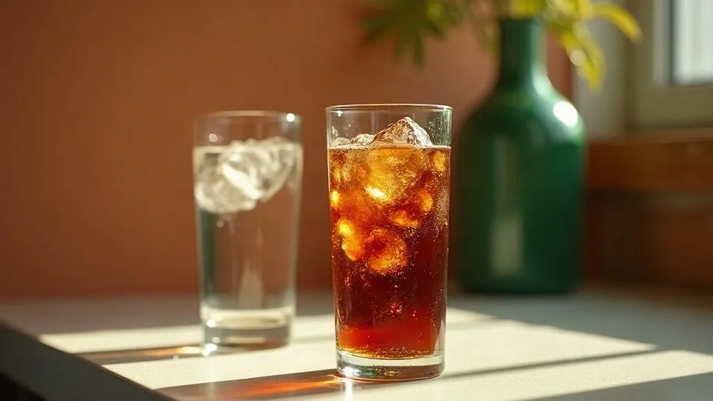 A glass of fizzy soda next to a glass of water on a kitchen counter