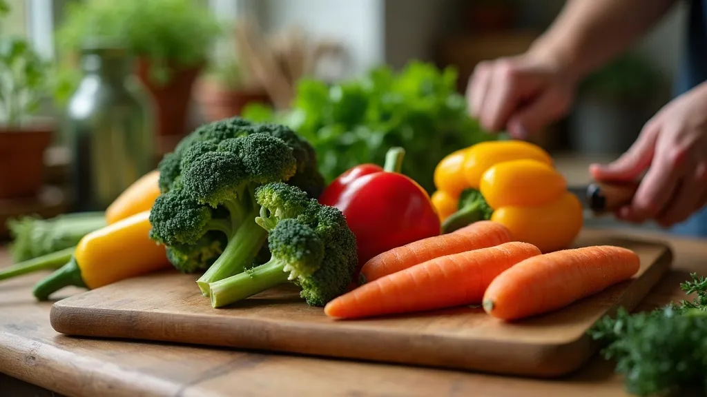 Fresh vegetables on a wooden cutting board