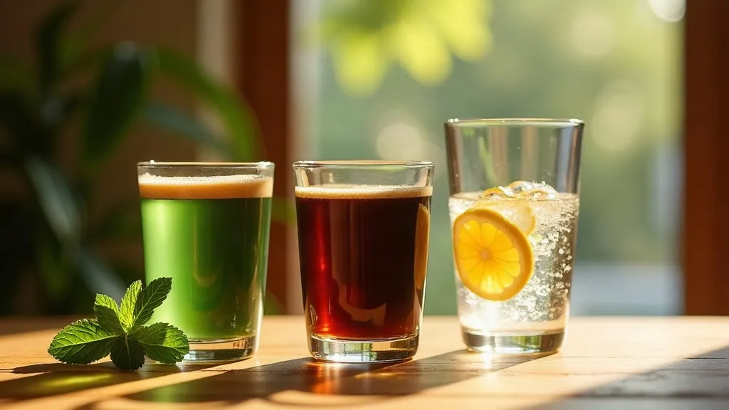 Glasses of green tea, black coffee and sparkling water with lemon on a wooden table