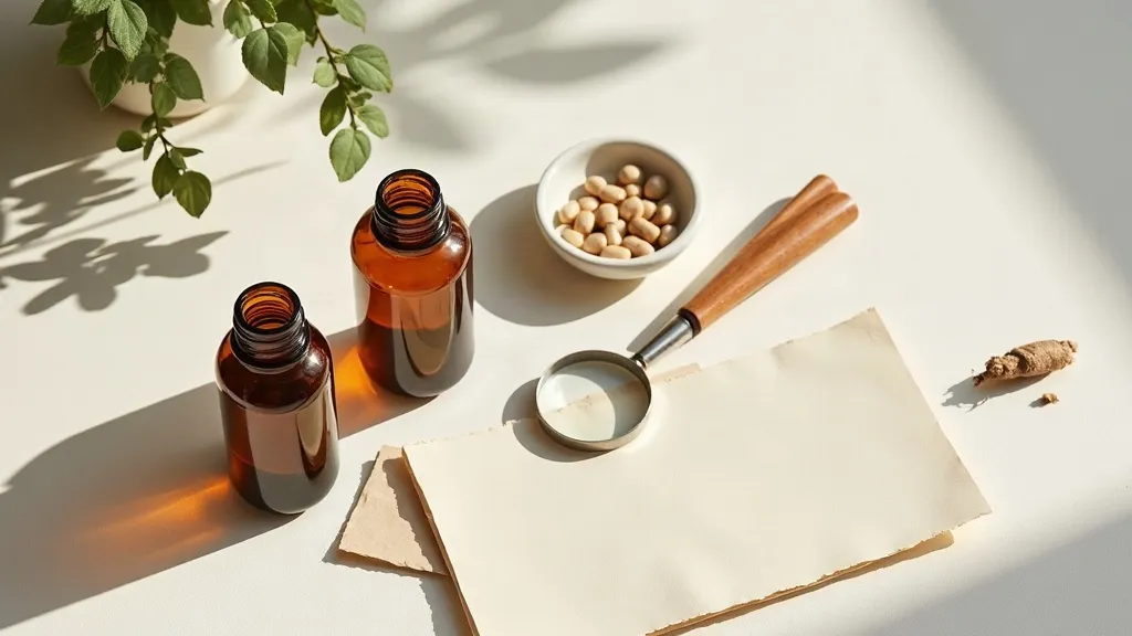 An overhead still life of unbranded amber supplement bottles, a dish of plain capsules, a folded blank label and a magnifying glass beside a piece of dried root on pale linen