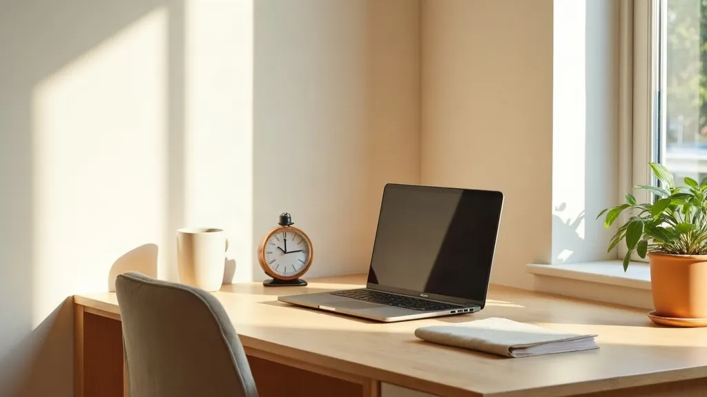 A bright home-office desk with a closed laptop, a mug and an empty chair angled away in soft morning light