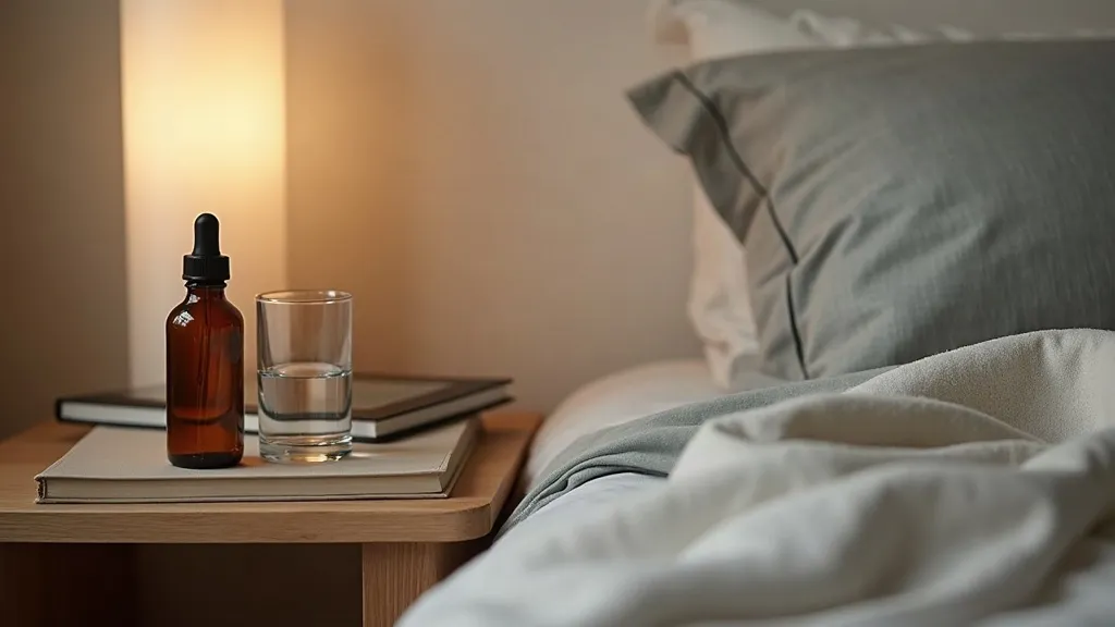 A calm bedside scene in warm lamp light: a small amber bottle and a glass on a wooden nightstand beside muted grey bedding and a pillow in the softly blurred background