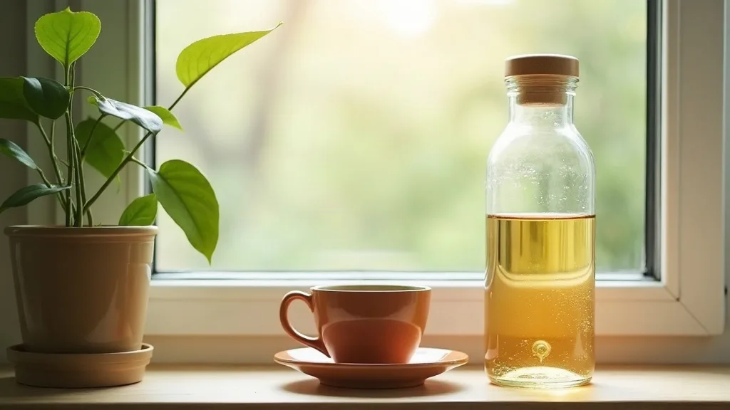 A clear glass bottle and a leafy green plant on a wooden table beside a sunlit window, with a plain cup nearby