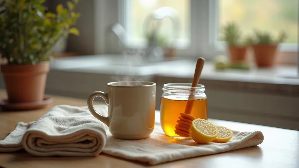 A steaming mug of tea with a jar of honey, lemon halves and tissues on a linen-draped kitchen counter
