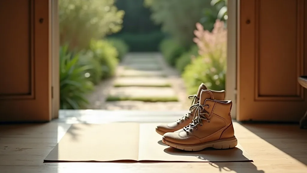 A pair of worn everyday shoes set down on a wooden floor beside a doorway in soft natural light