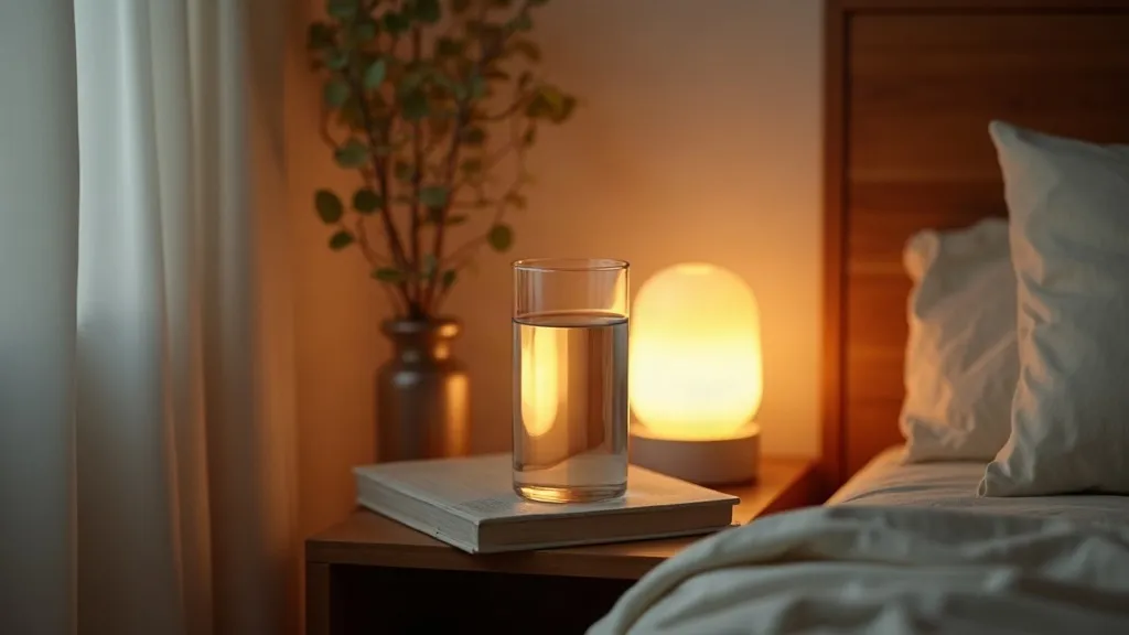 A glass of water on a wooden nightstand beside a bed in soft evening light
