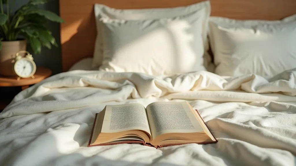 A quiet bedroom corner in low morning light, with a made bed, pale linen bedding and a pillow, a small bedside lamp and a curtained window