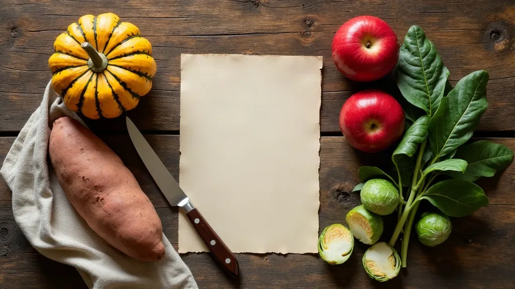 Autumn vegetables — squash, apples and leafy greens — on a rustic wooden table