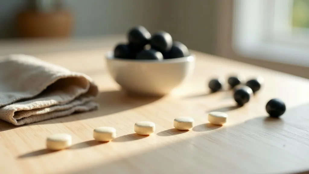 A small ceramic dish of dark berries beside a folded linen napkin on a pale wooden kitchen table, with a slender utensil resting nearby in soft morning light