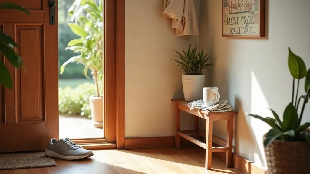 A pair of walking shoes by a front door next to a morning coffee mug
