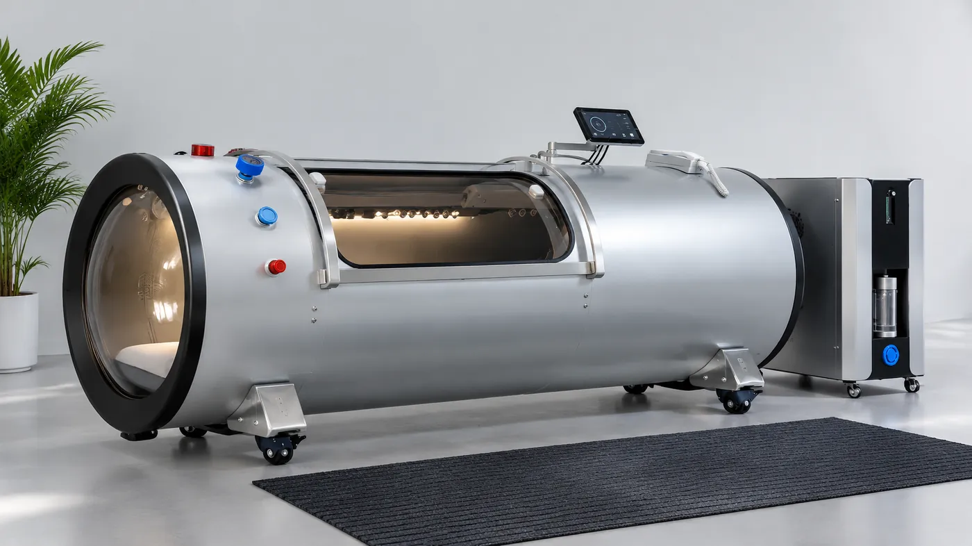 A silver-grey lying hard-shell hyperbaric chamber with a long viewing window and a round end door in a calm studio, its equipment cabinet standing beside it