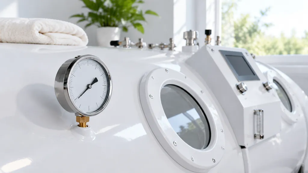 A round analogue pressure gauge mounted on the glossy white shell of a hard-shell hyperbaric chamber beside a porthole and a control box, with a folded towel and a plant in soft window light