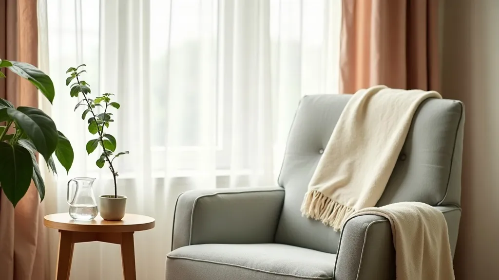 A bright, calm recovery room with a light recliner chair by a tall window, a folded cream throw and a glass carafe of water on a wooden side table