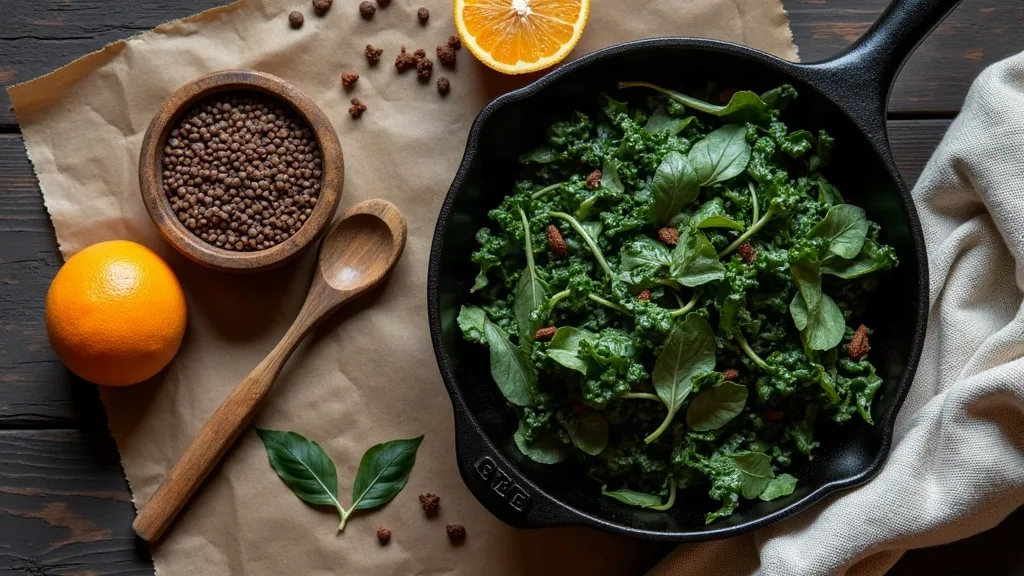 An overhead kitchen still life on dark wood: a small cast-iron pan of wilted dark greens, a shallow bowl of brown lentils, a halved orange and a folded linen cloth in soft daylight