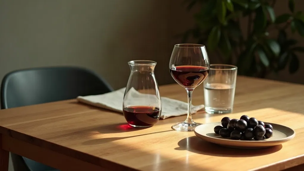 A stemless glass holding a small measure of red wine beside a clear water carafe and tumbler on a wooden table, with a folded napkin, a small plate and a green plant in warm evening light