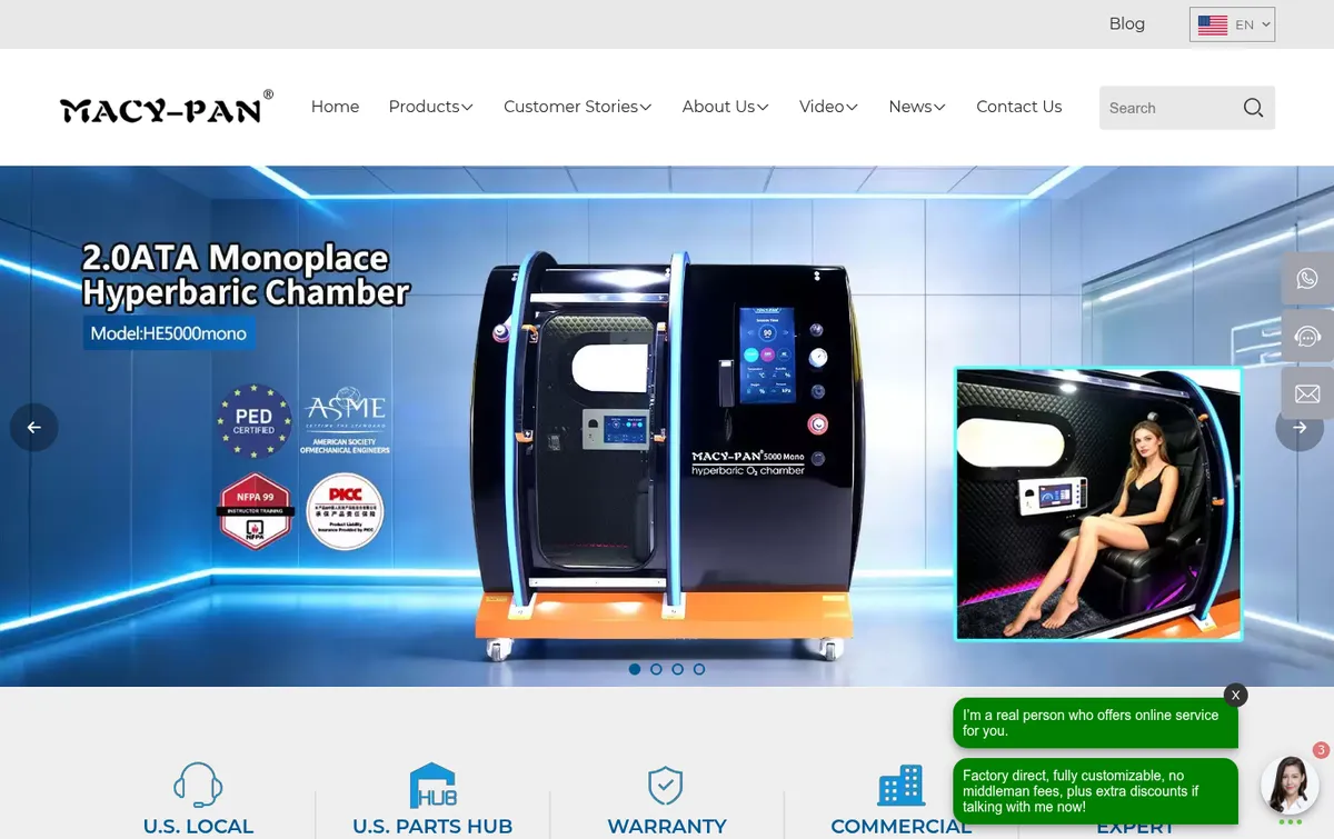 Macy-Pan homepage banner for the HE5000 Mono 2.0 ATA monoplace chamber, a black cabin with blue trim