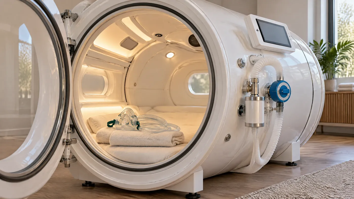 A clear oxygen mask and tubing resting on a folded cream towel inside the open round door of a white hard-shell chamber