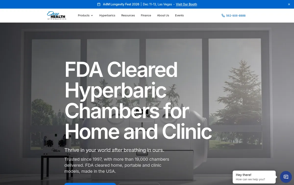 OxyHealth homepage with the headline FDA Cleared Hyperbaric Chambers for Home and Clinic over a grey room with a chamber by the window