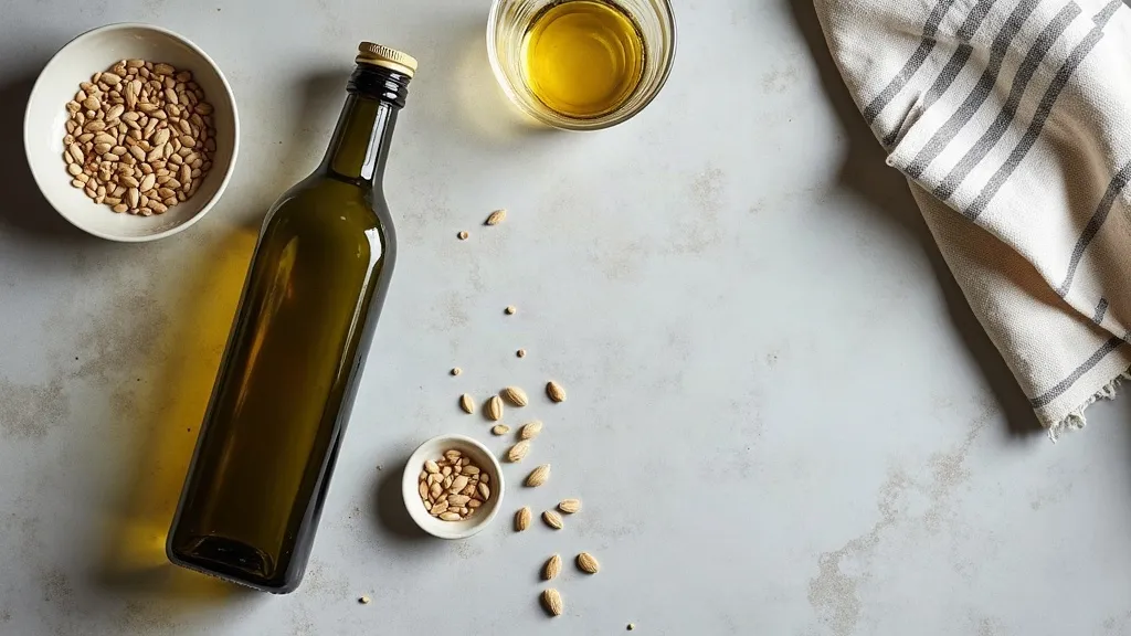 An overhead kitchen still life on a pale stone counter: a dark unbranded bottle of cooking oil, a small dish of sunflower seeds and a folded linen cloth in soft daylight