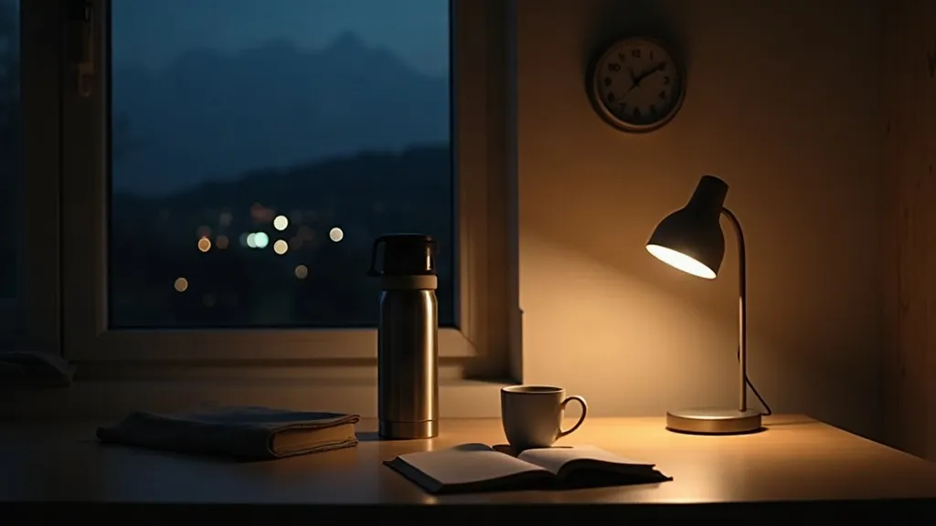 A stainless steel thermos flask and a plain white mug on a break-room table at night, a dark window and a small wall clock behind them under a warm pool of lamplight