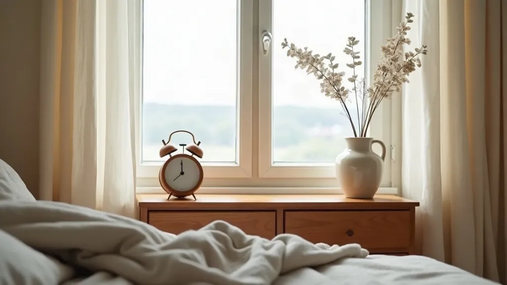 A quiet early-morning bedroom with sheer curtains drawn open on soft daylight and a folded wool blanket nearby