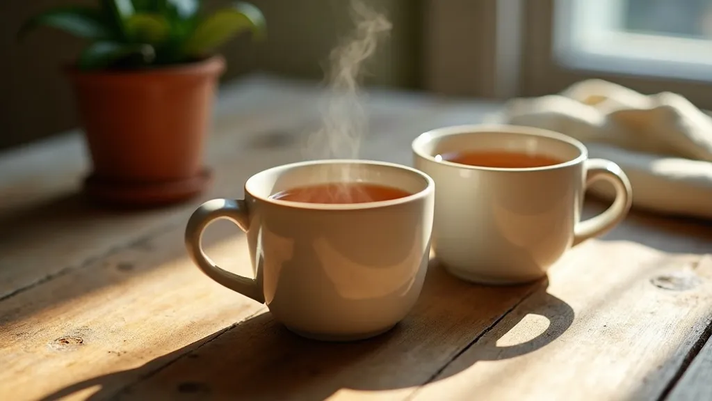 Two plain ceramic mugs of tea set side by side on a weathered wooden table beside a small potted plant in warm morning light