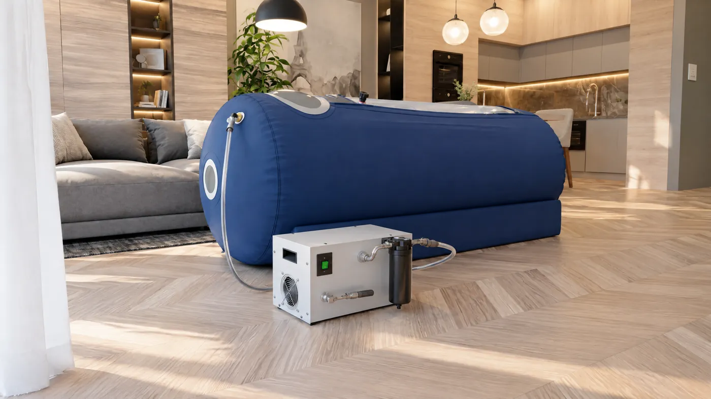 A navy blue inflatable soft-sided hyperbaric chamber on a wooden floor in a bright modern living room, a small compressor unit beside it