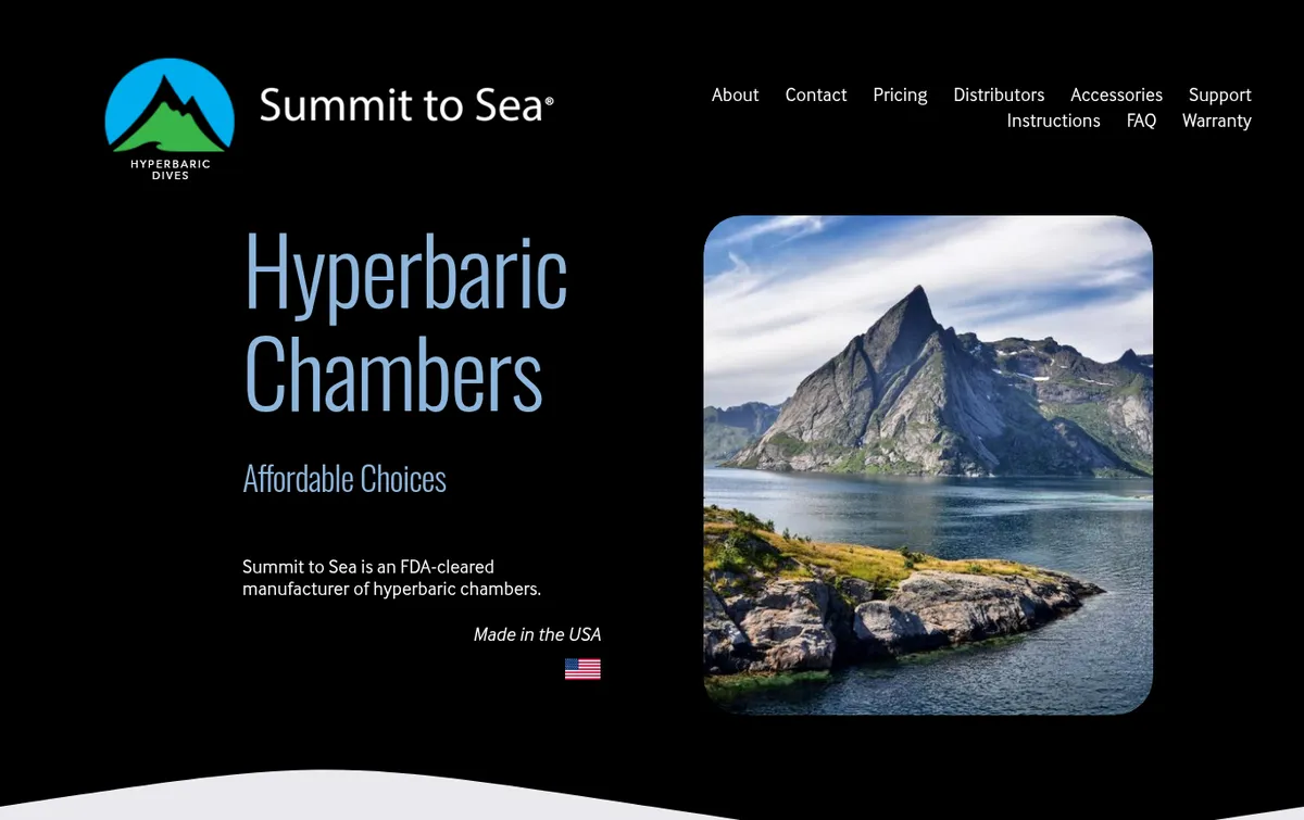 Summit to Sea homepage with the headline Hyperbaric Chambers, Affordable Choices and a mountain-and-fjord photo