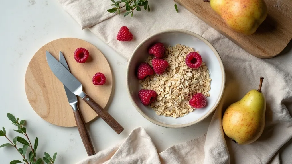 A shallow bowl of oats with fresh raspberries, a small knife on a wooden board and two pears, on pale linen