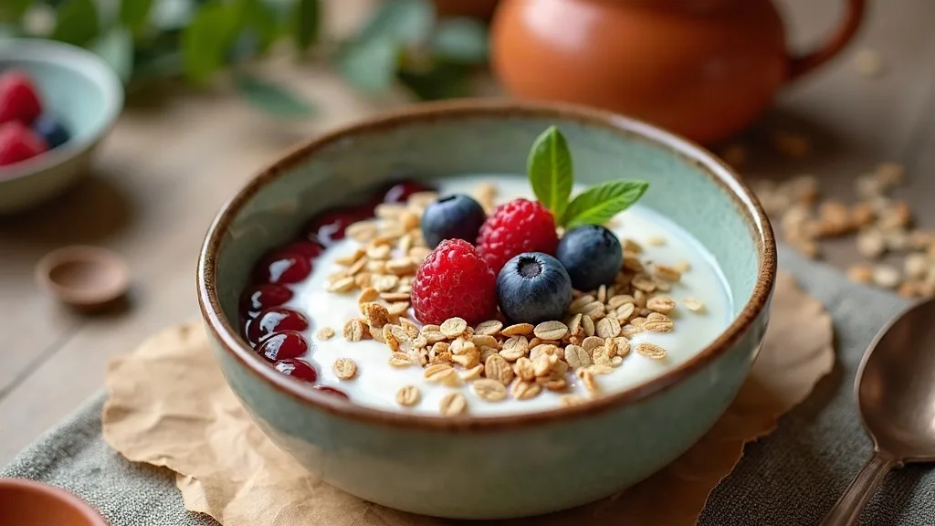 A stoneware bowl of blueberries and oats with a spoon resting on a linen cloth over a pale wooden table, in soft daylight