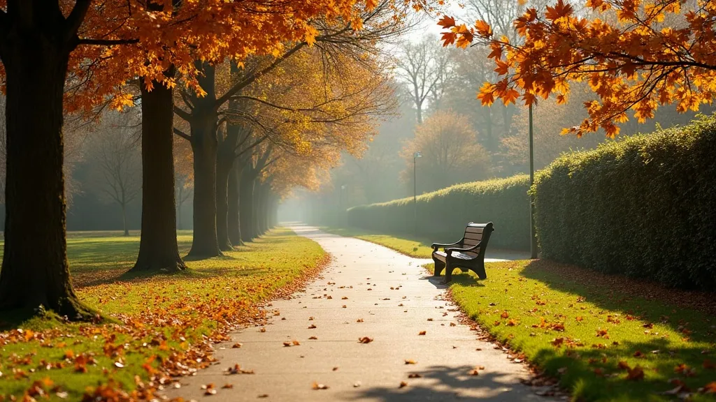 A quiet tree-lined park path in autumn with fallen leaves across the pavement and soft morning light through the branches, no people