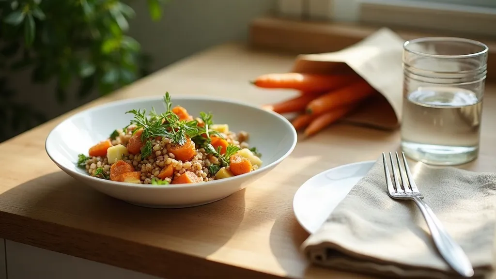 A home kitchen counter in soft morning light with a bowl of roasted vegetables and grains, a white plate, a glass of water, a closed notebook and a paper bag of carrots and a leek